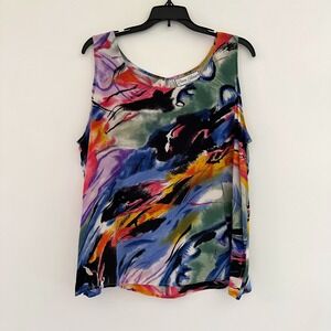 Diane Gilman Abstract Watercolor 100% Silk Tank Top Womens 1X Multicolor Artsy